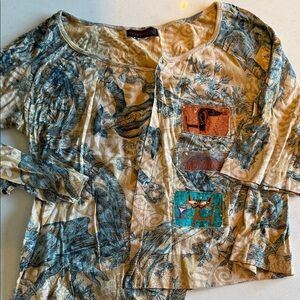 Custo Barcelona Beige and Blue Graphic Top